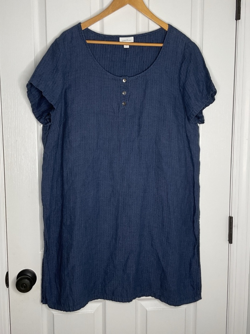 PureJill J Jill Linen Henley Shift Dress L Blue Textured Short Sleeve Minimalist